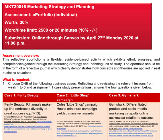 MKT30016 Marketing Strategy and Planning E-Portfolio Assessment Sample
