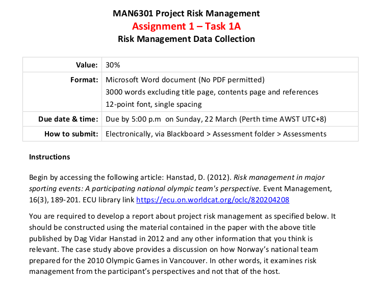 risk management homework assessment sample