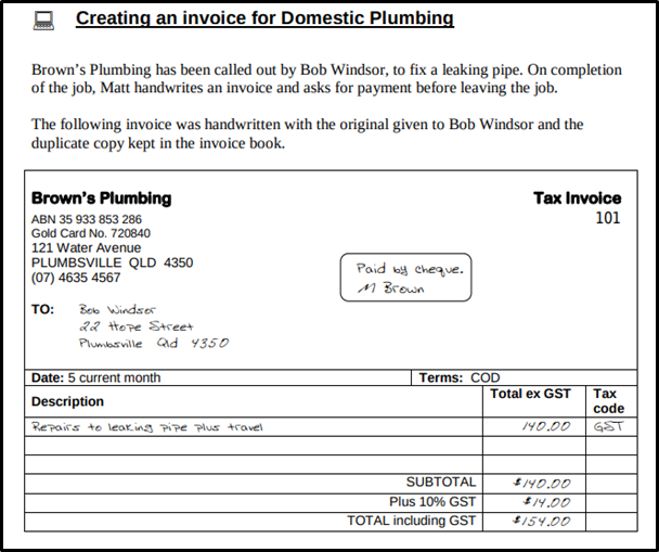creating and invoice for domestic plumbing