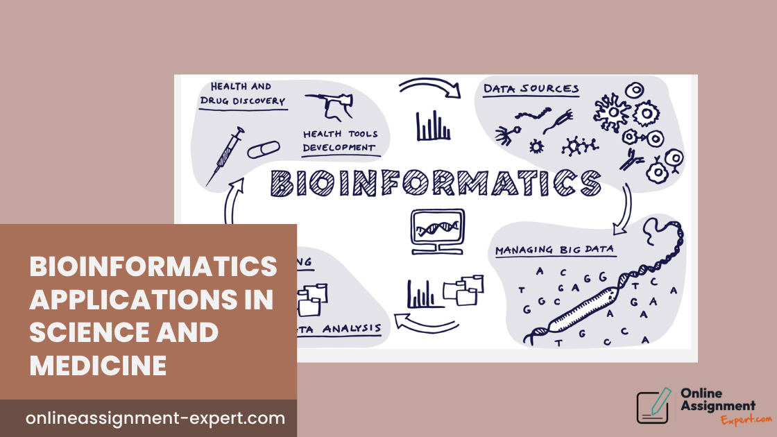 Illustration of bioinformatics concepts including DNA strands, protein structures, and data analysis charts